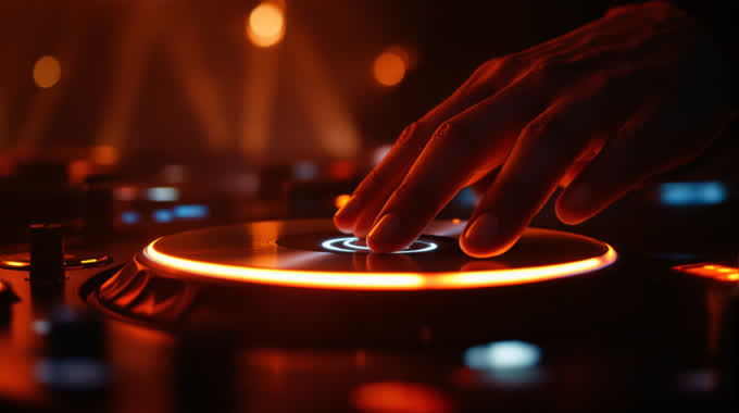 DJ hands on a glowing jog wheel in a dark club